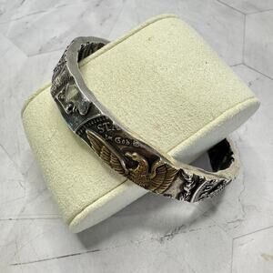 Faux Morgan Dollar Coin Cuff Bracelet Silver & Gold Tone Eagle 6" Double Sided